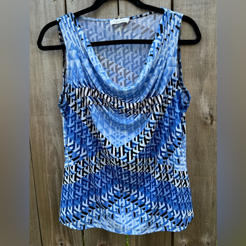 Calvin Klein Cowl Neck Geometric Pattern Sleeveless Blouse (M).  Silky, soft str